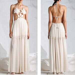 Ixiah Cream Crochet Halter Maxi Dress with Open Back
